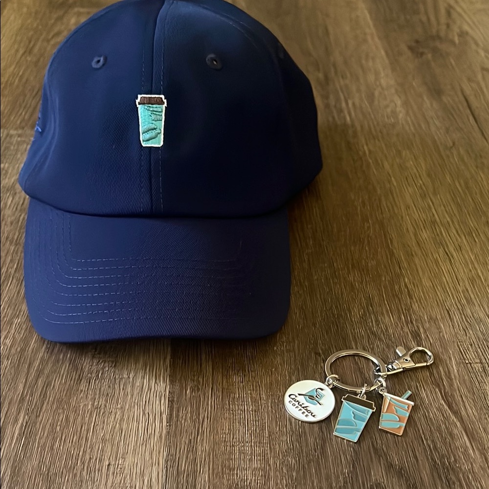 Navy Blue Caribou Coffee Hat and Key chain